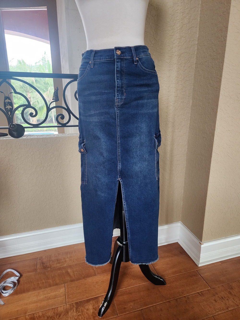 Dark Blue Denim Maxi Skirt with Front Slit
